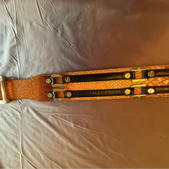 RARE Tory Burch Brown Snakeskin Waist belt black leather gold 2” size M $425 - Picture 11 of 15